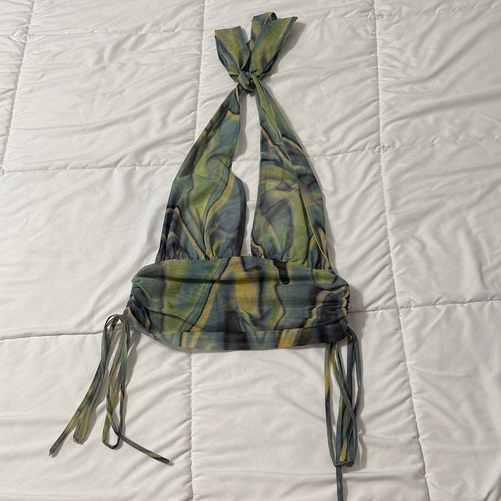 12th Tribe Stevie Multigreen Mesh Halter Top